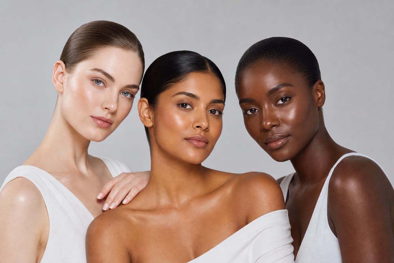 Three women with different skin tones showing luminous, even-toned clinical skincare results